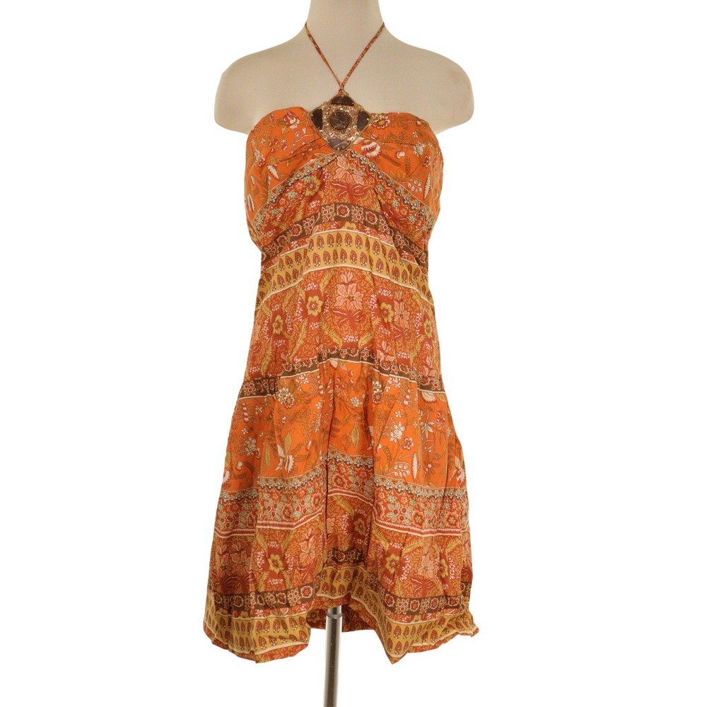 Love Tease Halter Dress Boho Floral Paisley Orange Cotton Women 13